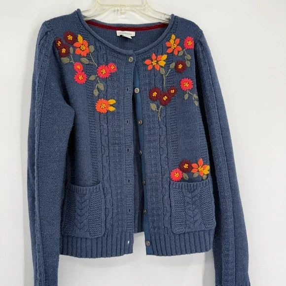 Sundance Woman's Sweater Cardigan Size XS Blue Floral Cable Knit Lambswool - Picture 3 of 9